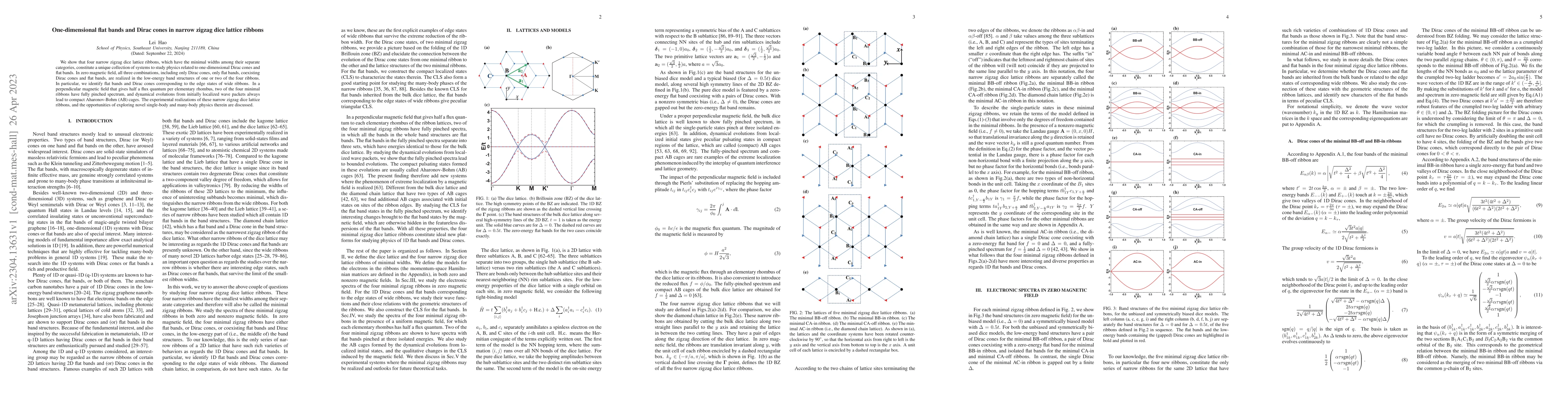 Thumbnail for One-dimensional flat bands and Dirac cones in narrow zigzag dice lattice
  ribbons