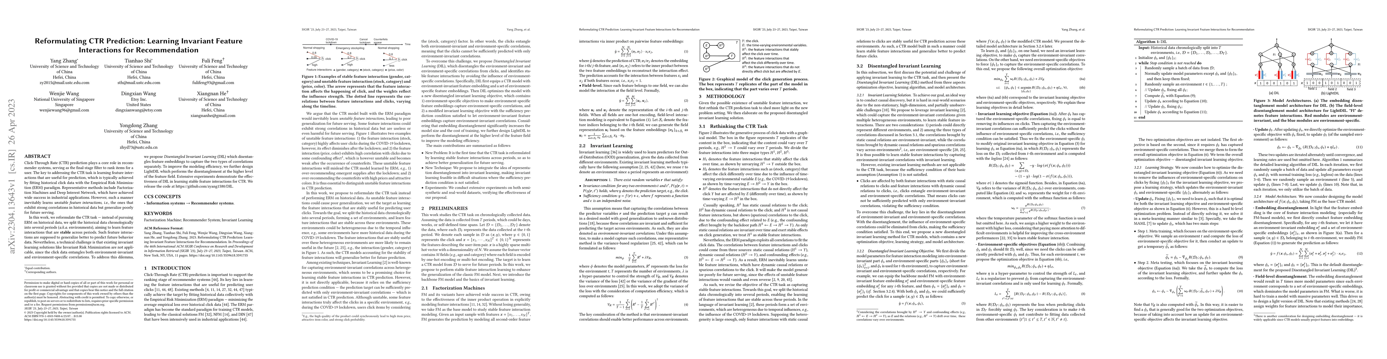 Thumbnail for Reformulating CTR Prediction: Learning Invariant Feature Interactions
  for Recommendation