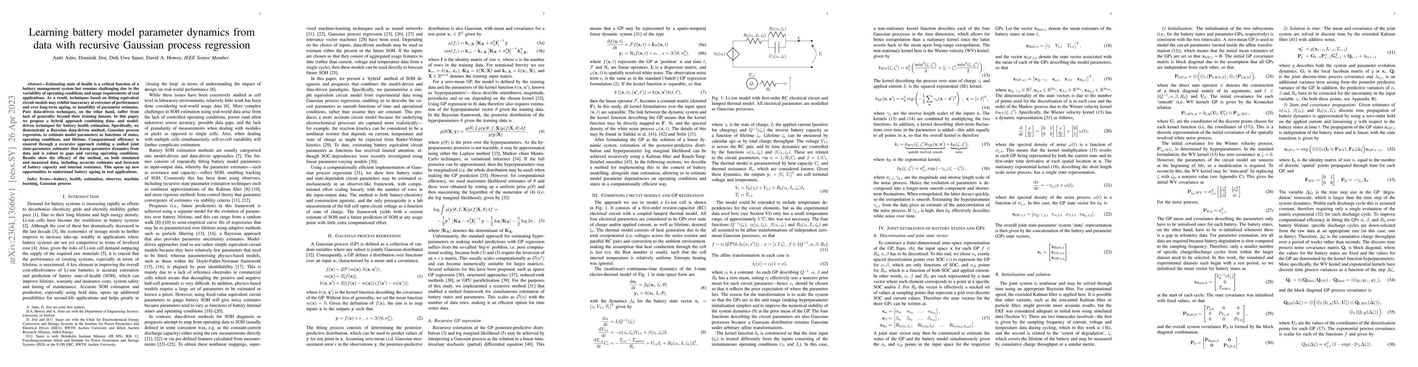 Thumbnail for Learning battery model parameter dynamics from data with recursive
  Gaussian process regression