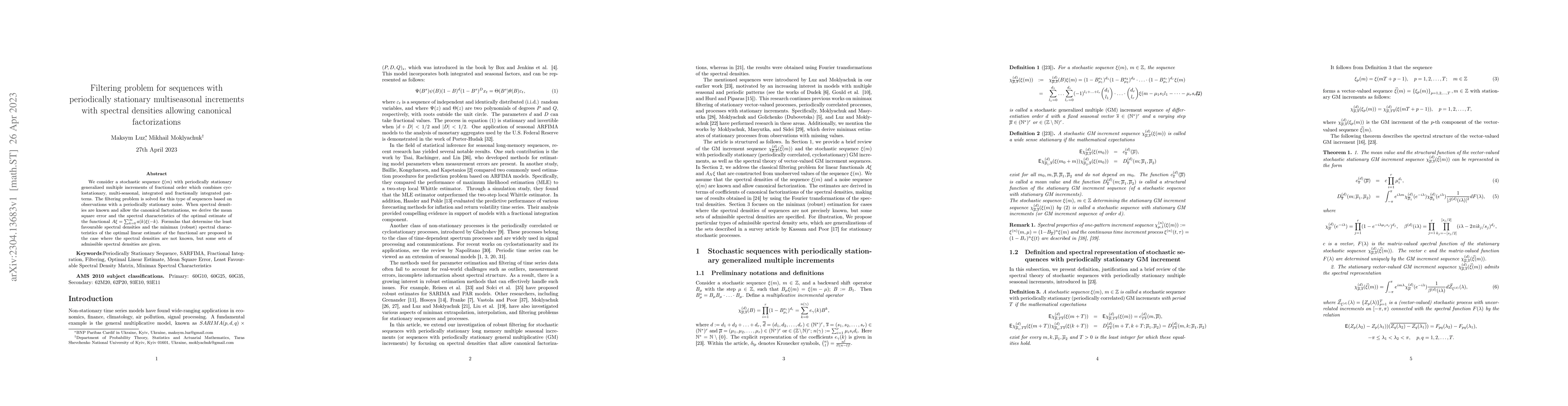 Thumbnail for Filtering problem for sequences with periodically stationary
  multiseasonal increments with spectral densities allowing canonical
  factorizations