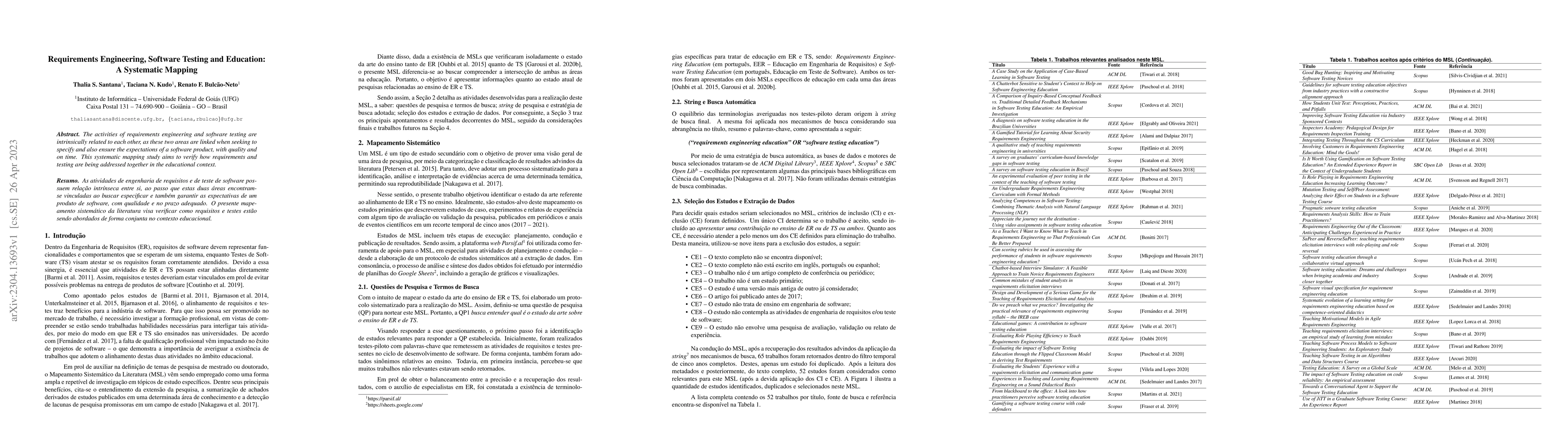 Thumbnail for Requirements Engineering, Software Testing and Education: A Systematic
  Mapping