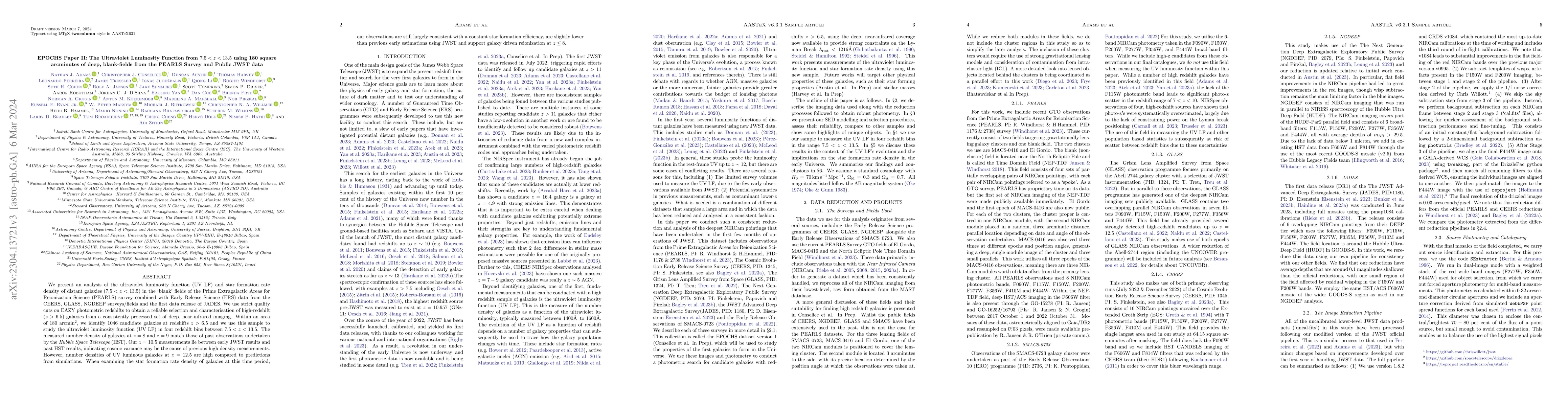 Thumbnail for EPOCHS Paper II: The Ultraviolet Luminosity Function from $7.5<z<13.5$
  using 180 square arcminutes of deep, blank-fields from the PEARLS Survey and
  Public JWST data