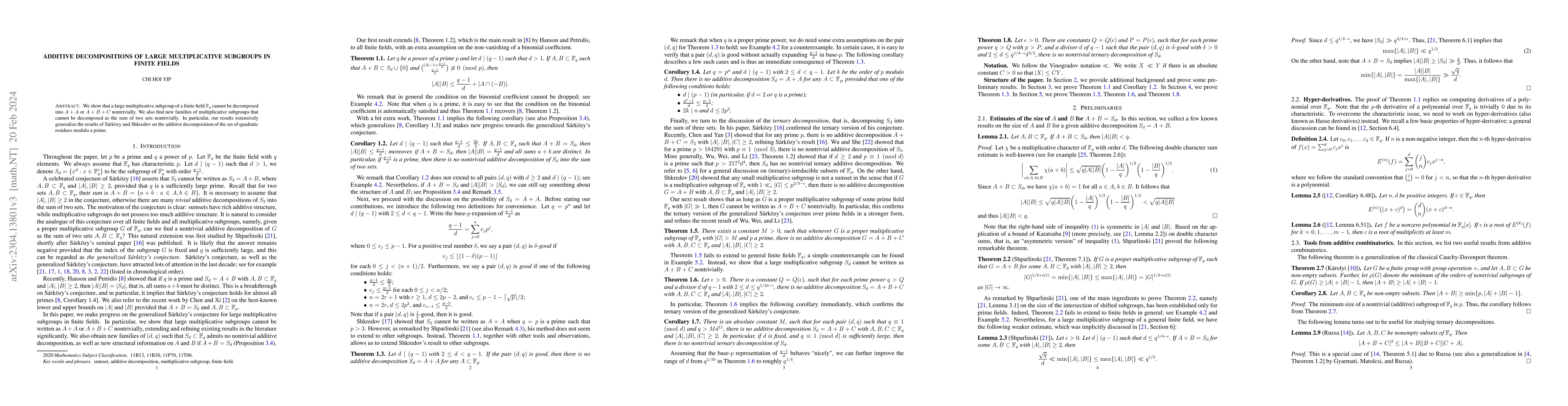 Thumbnail for Additive decompositions of large multiplicative subgroups in finite
  fields