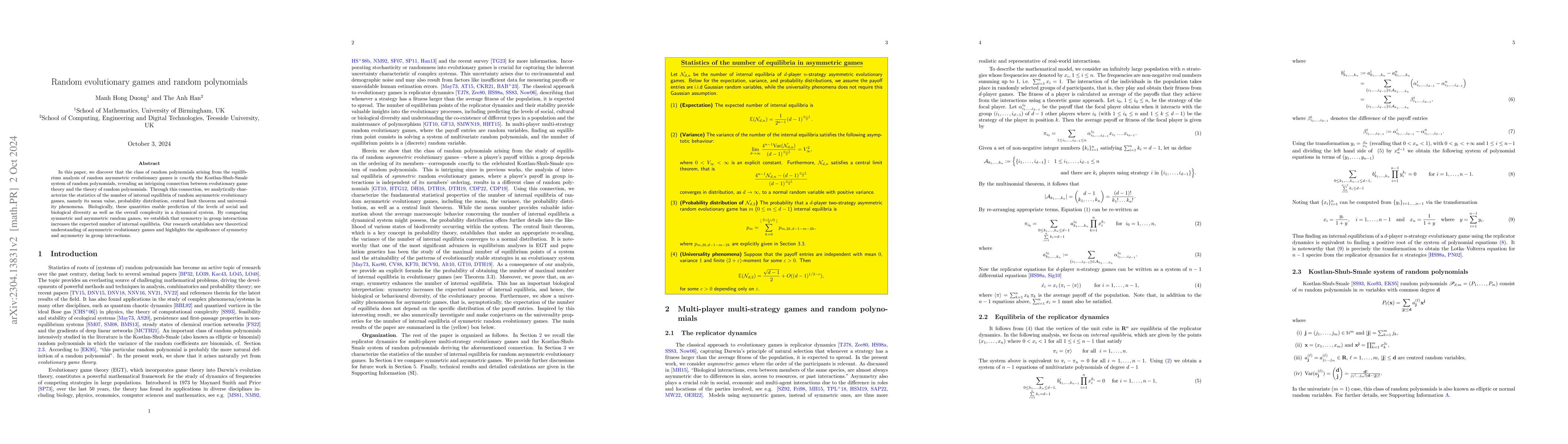 Thumbnail for Random evolutionary games and random polynomials