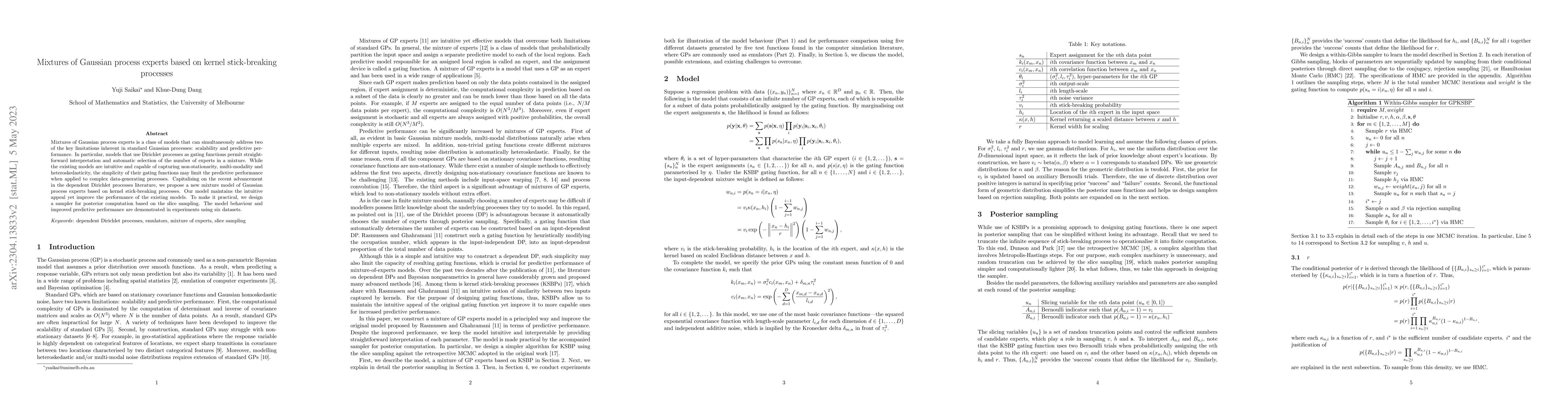 Thumbnail for Mixtures of Gaussian process experts based on kernel stick-breaking
  processes