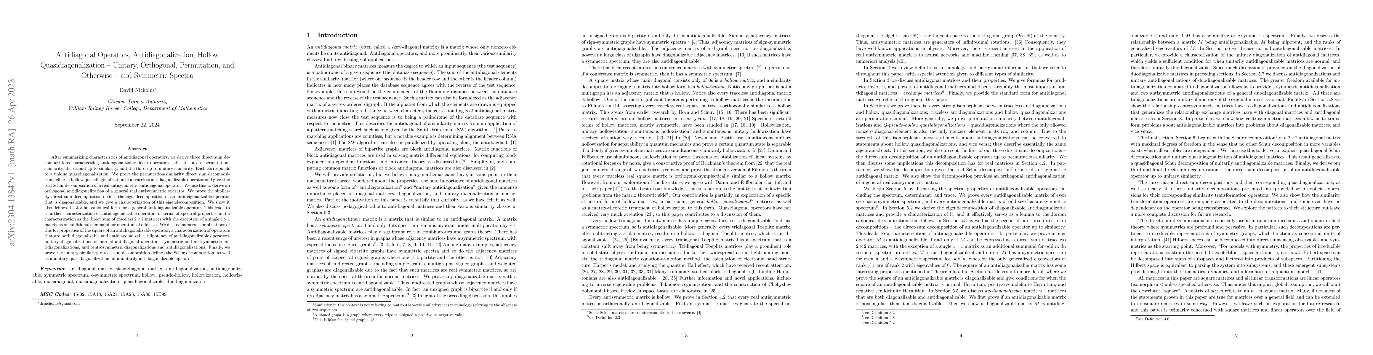 Thumbnail for Antidiagonal Operators, Antidiagonalization, Hollow Quasidiagonalization
  -- Unitary, Orthogonal, Permutation, and Otherwise - and Symmetric Spectra