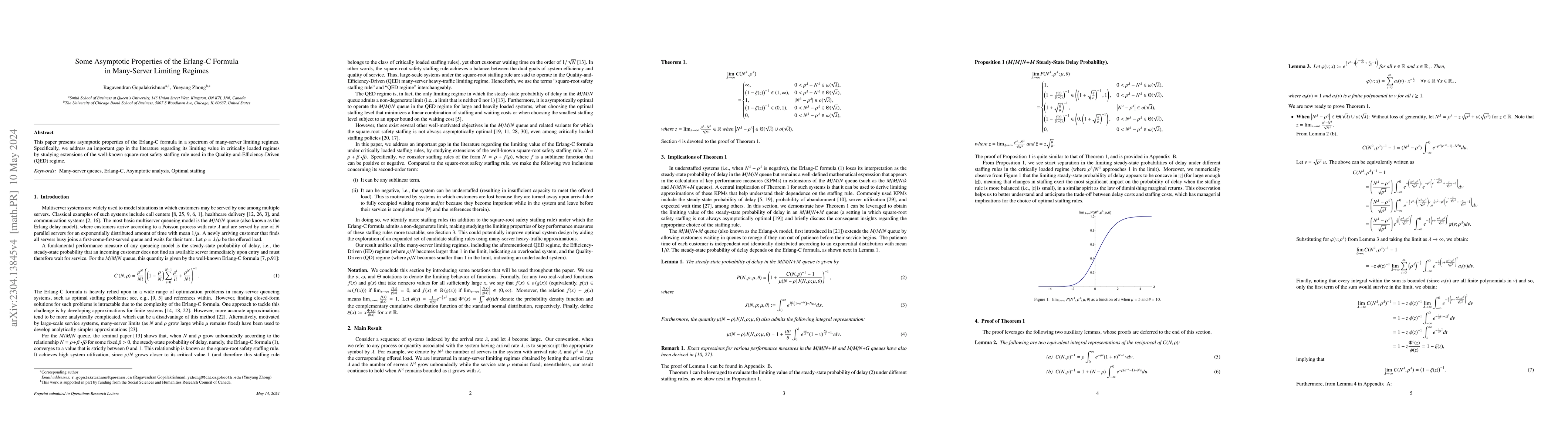 Thumbnail for Some Asymptotic Properties of the Erlang-C Formula in Many-Server
  Limiting Regimes