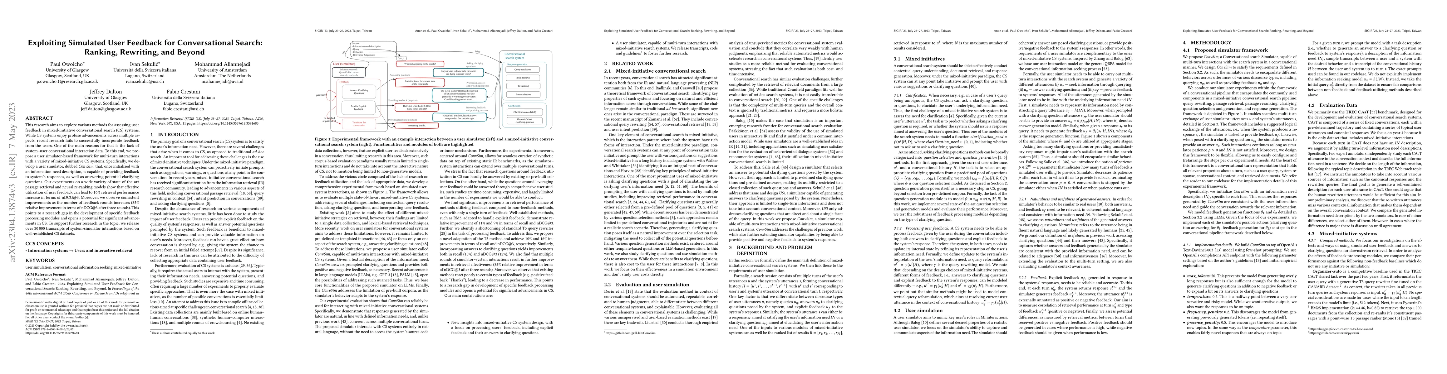 Thumbnail for Exploiting Simulated User Feedback for Conversational Search: Ranking,
  Rewriting, and Beyond