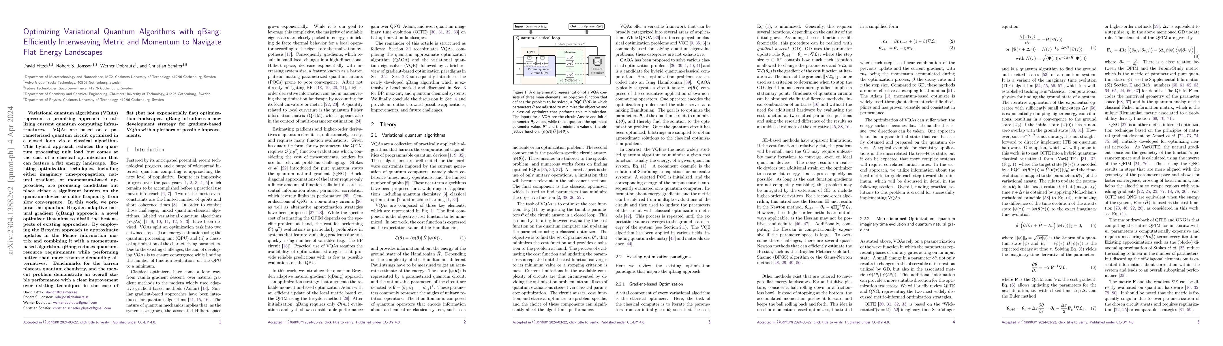 Thumbnail for Optimizing Variational Quantum Algorithms with qBang: Efficiently
  Interweaving Metric and Momentum to Navigate Flat Energy Landscapes