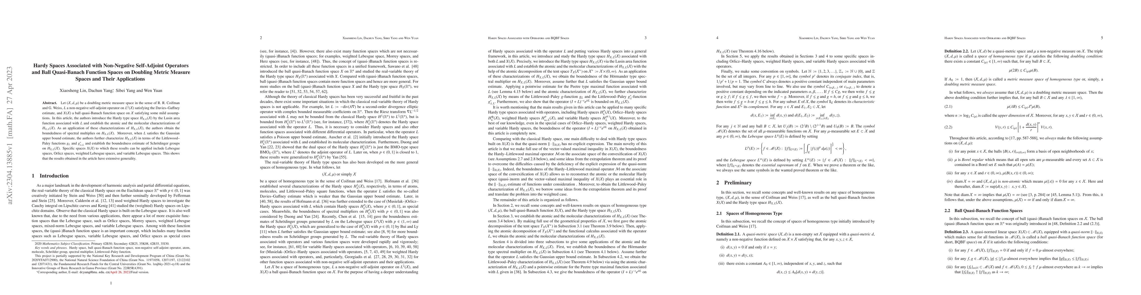 Thumbnail for Hardy Spaces Associated with Non-Negative Self-Adjoint Operators and
  Ball Quasi-Banach Function Spaces on Doubling Metric Measure Spaces and Their
  Applications