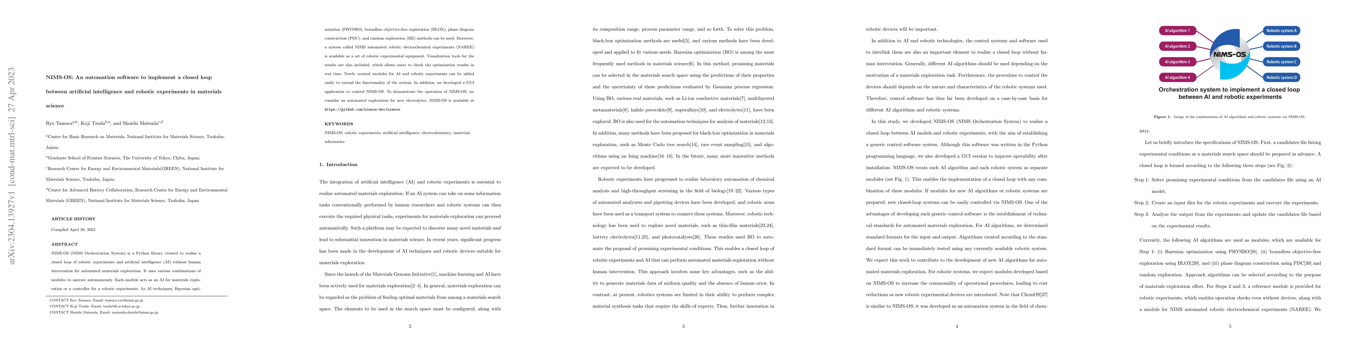 Thumbnail for NIMS-OS: An automation software to implement a closed loop between
  artificial intelligence and robotic experiments in materials science