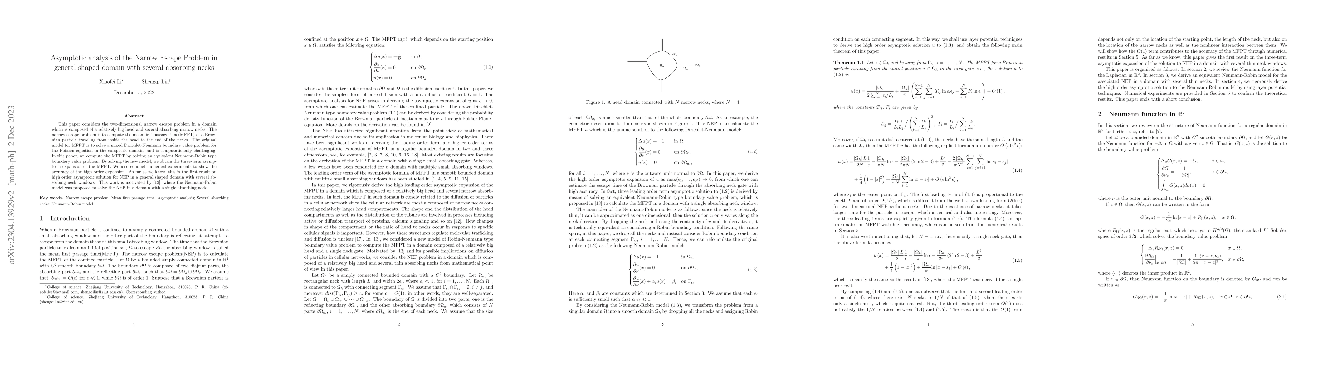 Thumbnail for Asymptotic analysis of the Narrow Escape Problem in general shaped
  domain with several absorbing necks