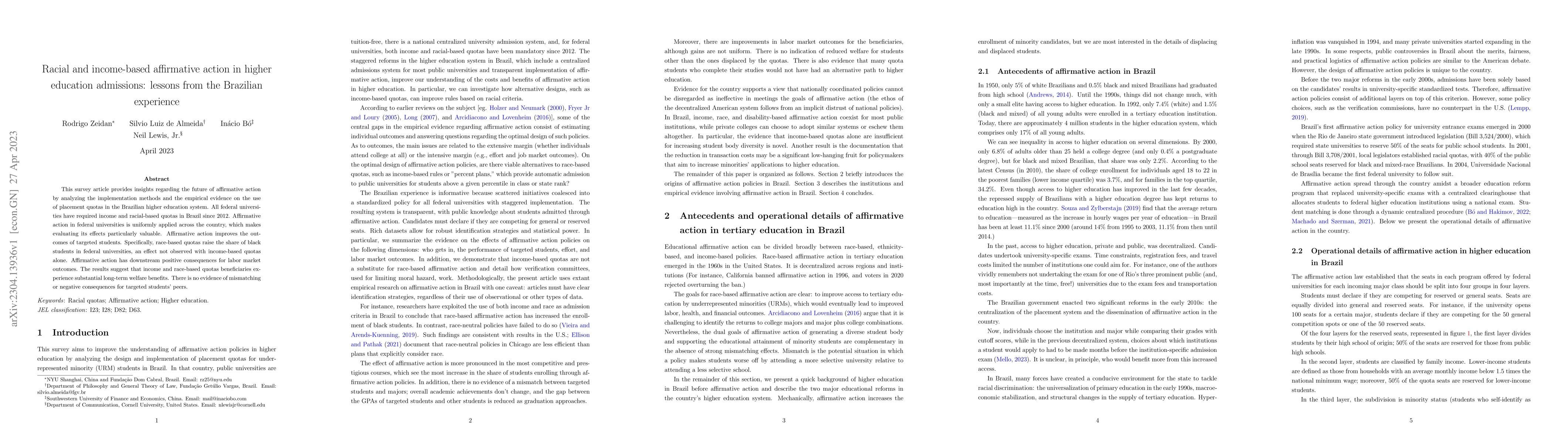 Thumbnail for Racial and income-based affirmative action in higher education
  admissions: lessons from the Brazilian experience