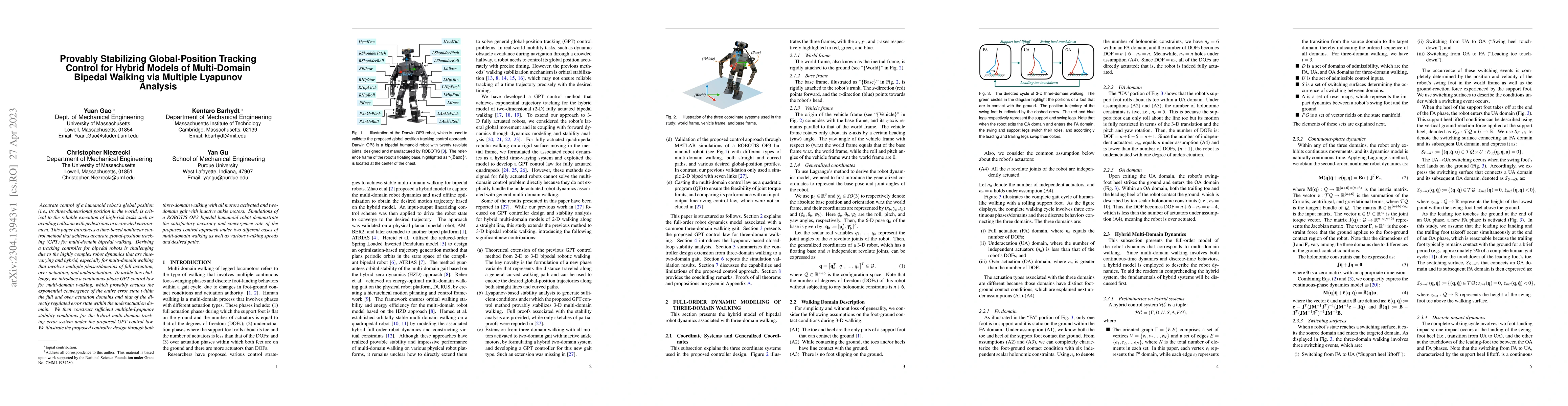 Thumbnail for Provably Stabilizing Global-Position Tracking Control for Hybrid Models
  of Multi-Domain Bipedal Walking via Multiple Lyapunov Analysis