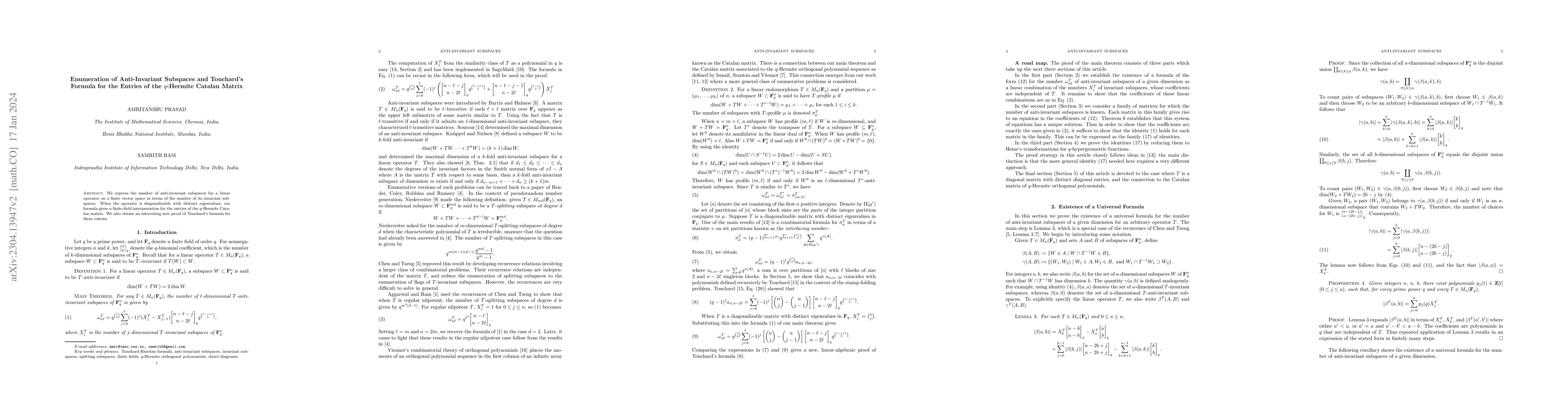 Thumbnail for Enumeration of Anti-Invariant Subspaces and Touchard's Formula for the
  Entries of the $q$-Hermite Catalan Matrix