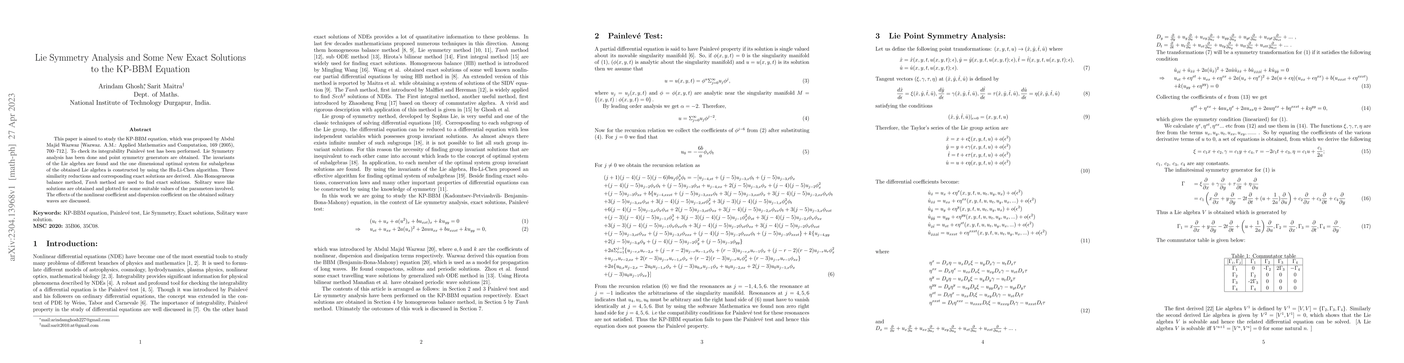 Thumbnail for Lie Symmetry Analysis and Some New Exact Solutions to the KP-BBM
  Equation