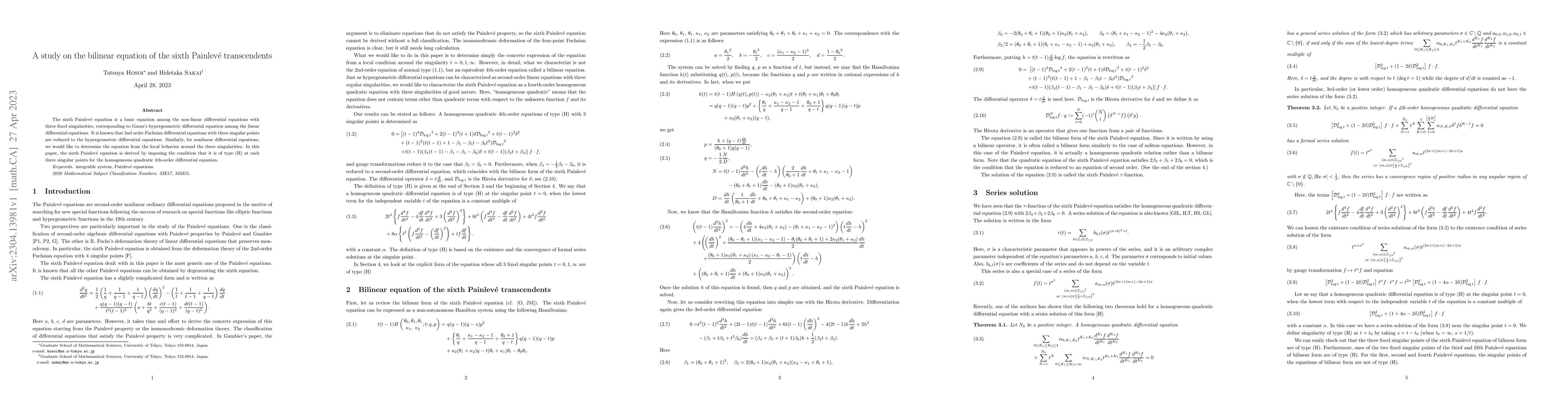 Thumbnail for A study on the bilinear equation of the sixth Painlev\'e transcendents