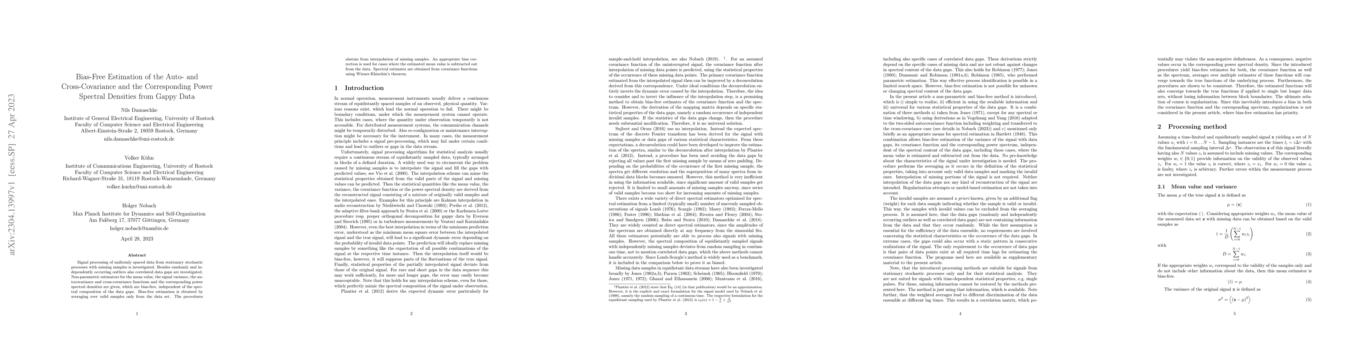 Thumbnail for Bias-Free Estimation of the Auto- and Cross-Covariance and the
  Corresponding Power Spectral Densities from Gappy Data