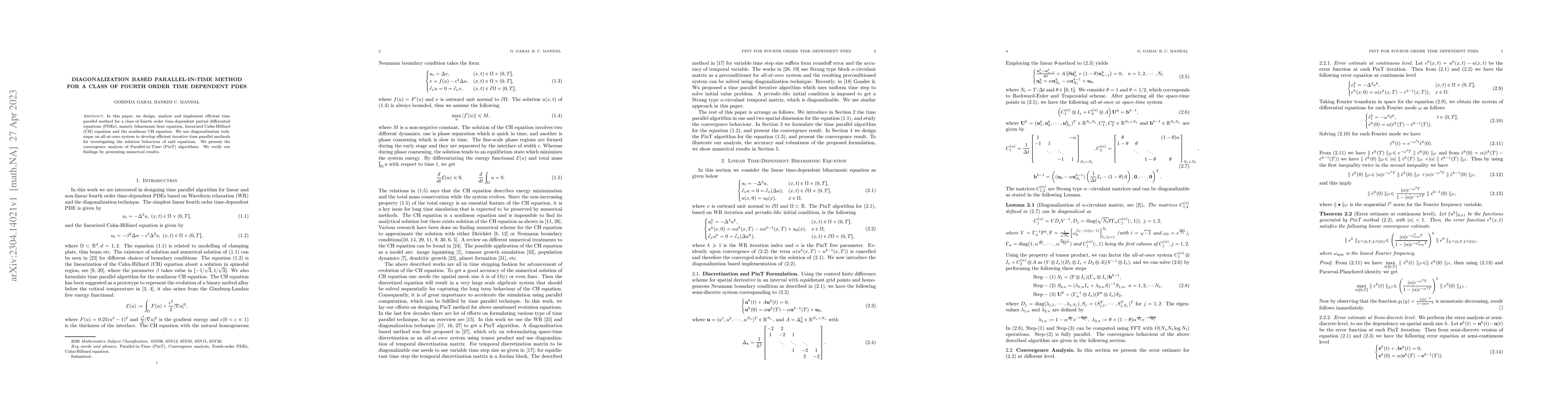 Thumbnail for Diagonalization Based Parallel-in-Time Method for a Class of Fourth
  Order Time Dependent PDEs