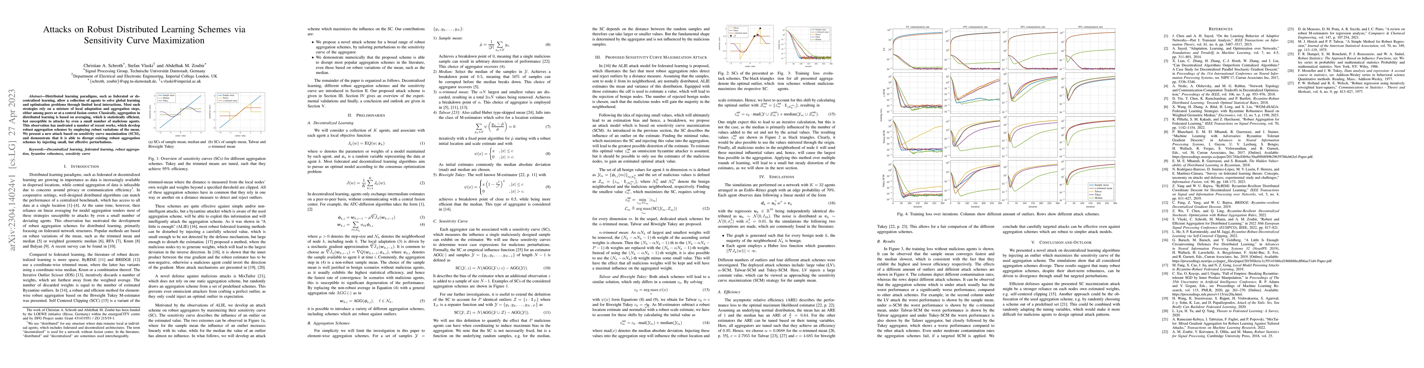 Thumbnail for Attacks on Robust Distributed Learning Schemes via Sensitivity Curve
  Maximization