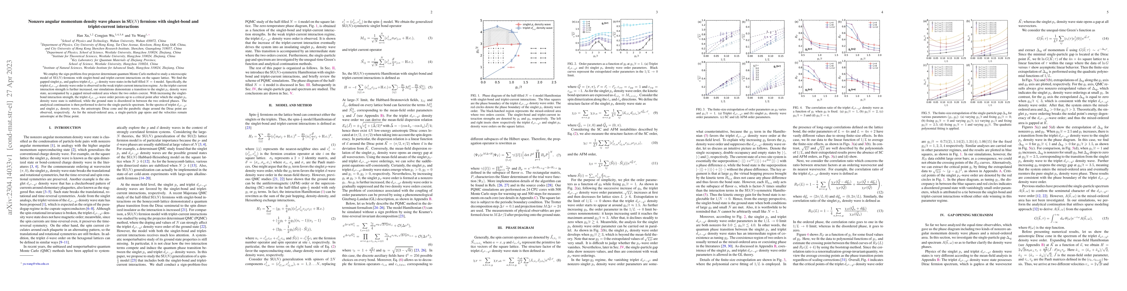 Thumbnail for Nonzero angular momentum density wave phases in SU($N$) fermions with
  singlet-bond and triplet-current interactions