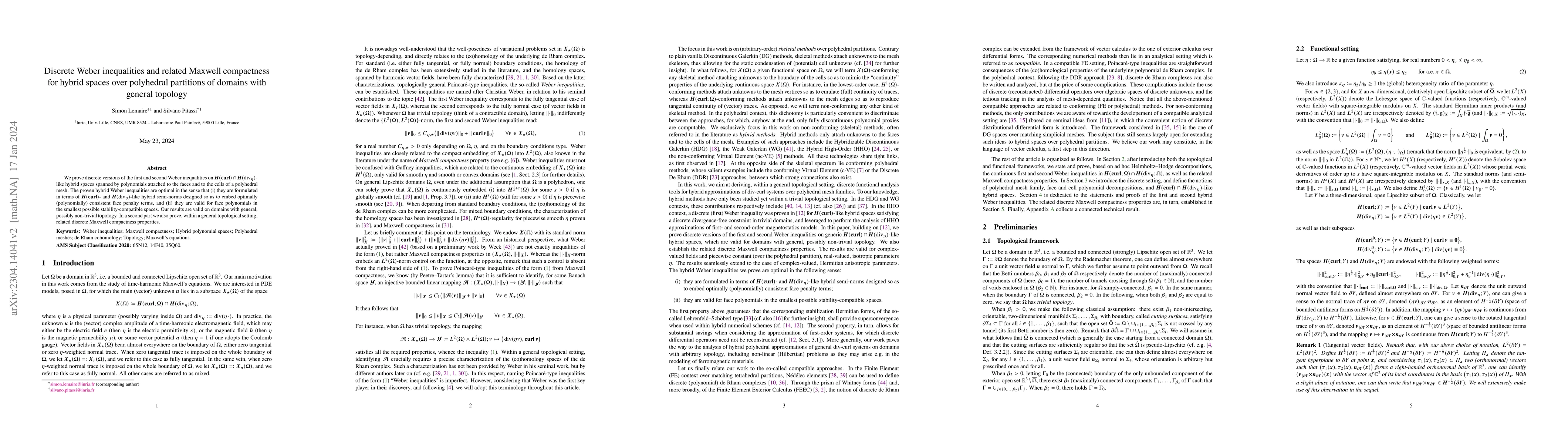 Thumbnail for Discrete Weber inequalities and related Maxwell compactness for hybrid
  spaces over polyhedral partitions of domains with general topology