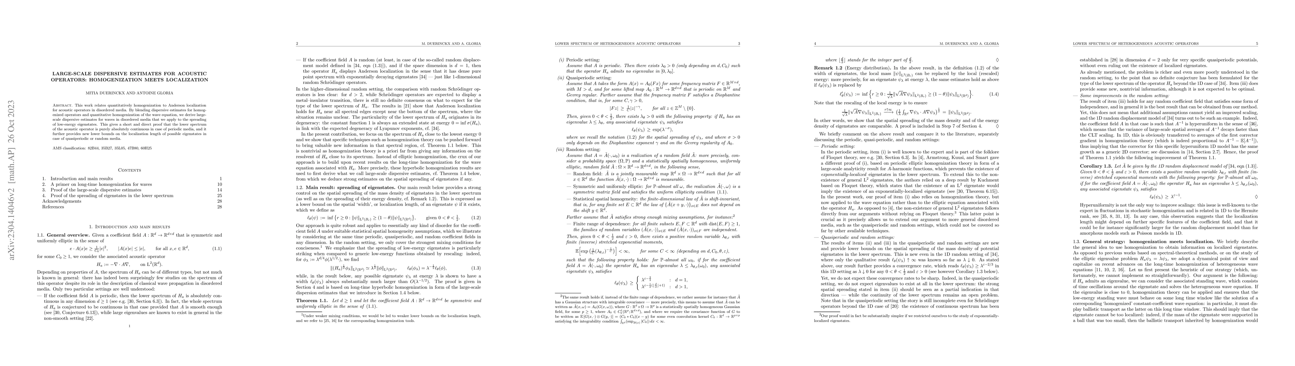 Thumbnail for Large-scale dispersive estimates for acoustic operators: homogenization
  meets localization