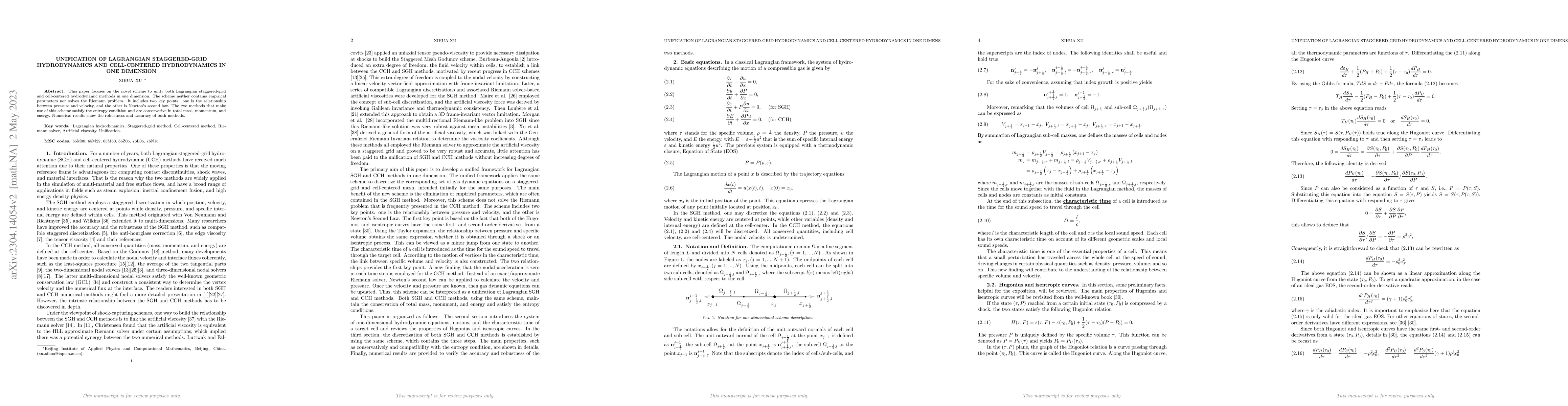 Thumbnail for Unification of Lagrangian staggered-grid hydrodynamics and cell-centered
  hydrodynamics in one dimension