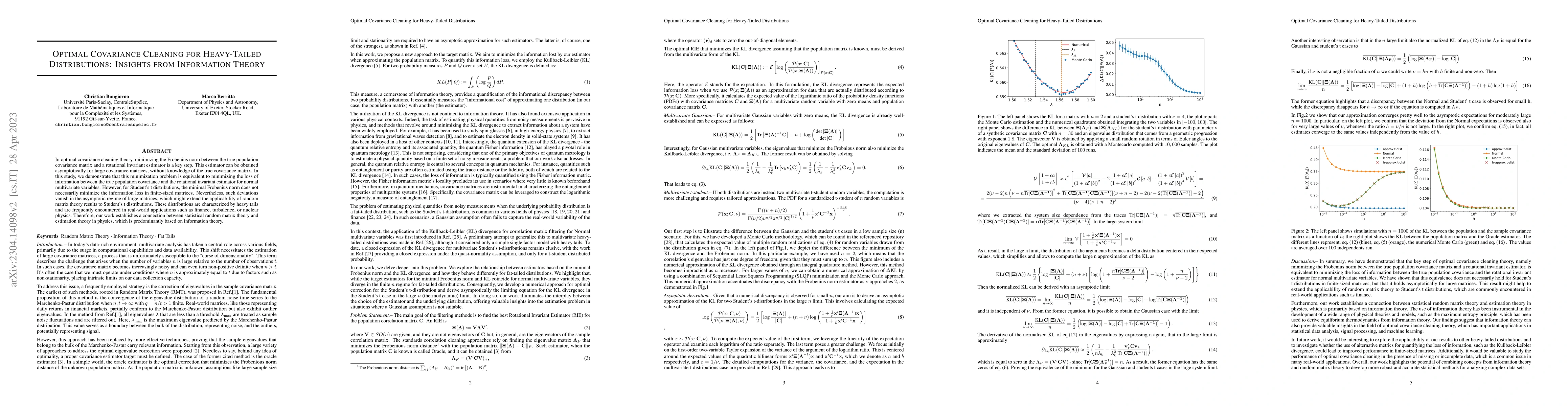 Thumbnail for Optimal Covariance Cleaning for Heavy-Tailed Distributions: Insights
  from Information Theory