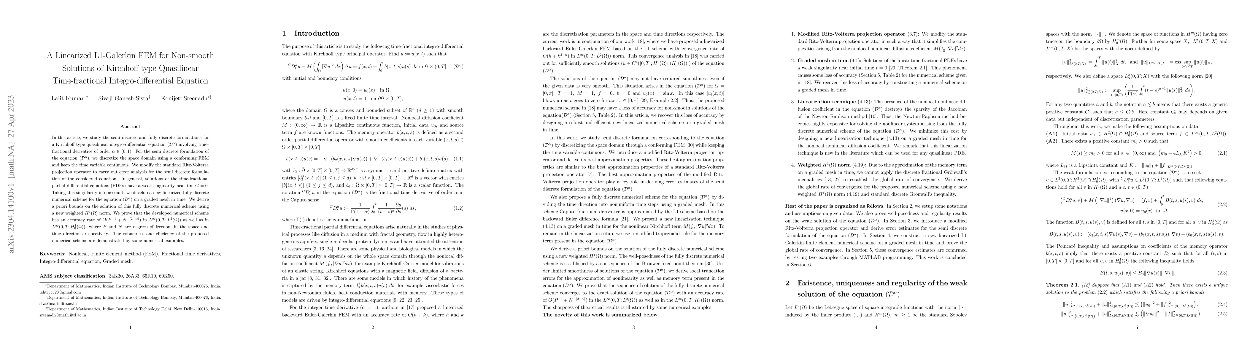 Thumbnail for A Linearized L1-Galerkin FEM for Non-smooth Solutions of Kirchhoff type
  Quasilinear Time-fractional Integro-differential Equation