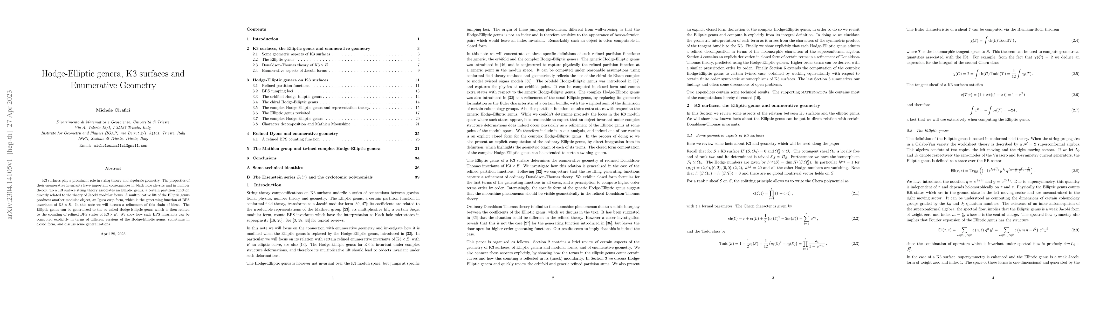 Thumbnail for Hodge-Elliptic genera, K3 surfaces and Enumerative Geometry