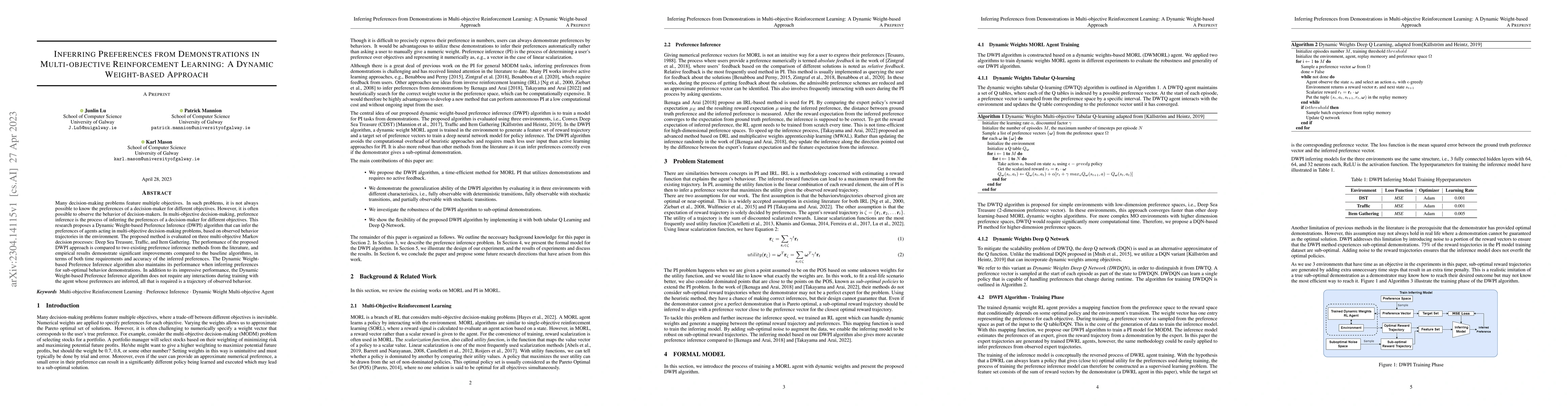 Thumbnail for Inferring Preferences from Demonstrations in Multi-objective
  Reinforcement Learning: A Dynamic Weight-based Approach