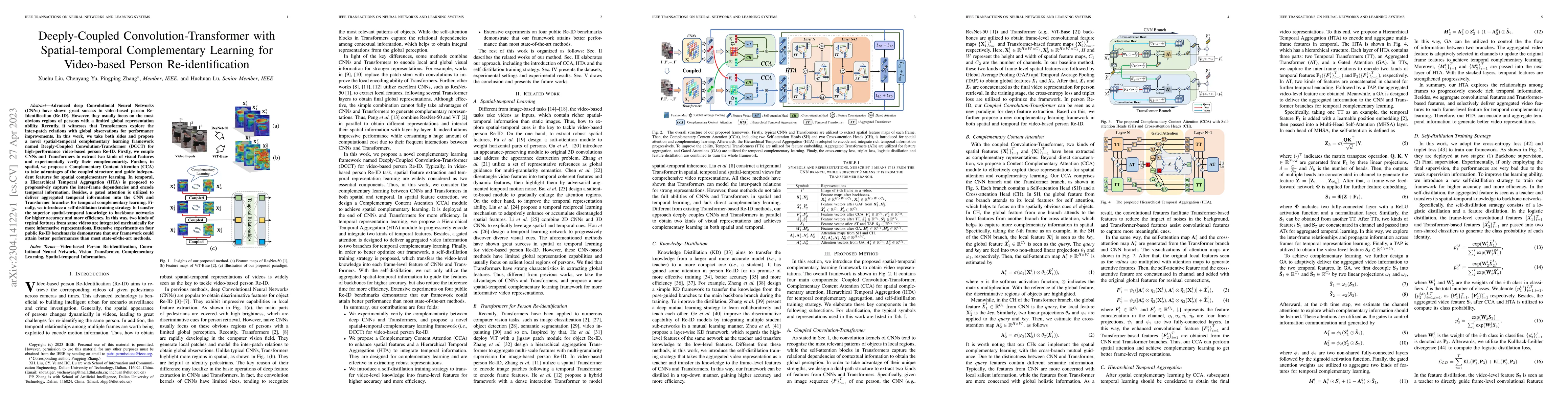Thumbnail for Deeply-Coupled Convolution-Transformer with Spatial-temporal
  Complementary Learning for Video-based Person Re-identification