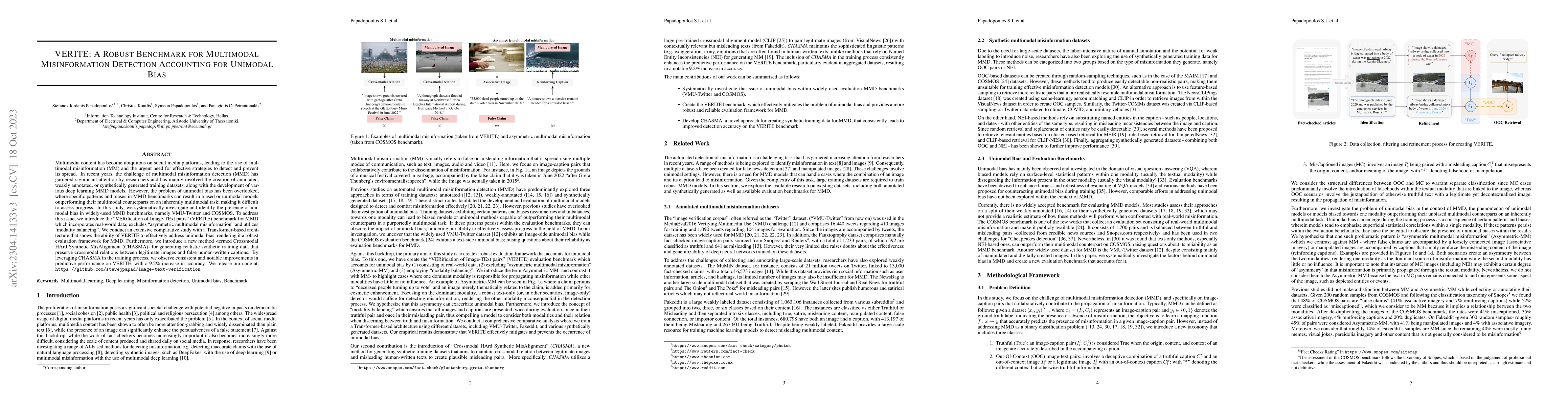 Thumbnail for VERITE: A Robust Benchmark for Multimodal Misinformation Detection
  Accounting for Unimodal Bias
