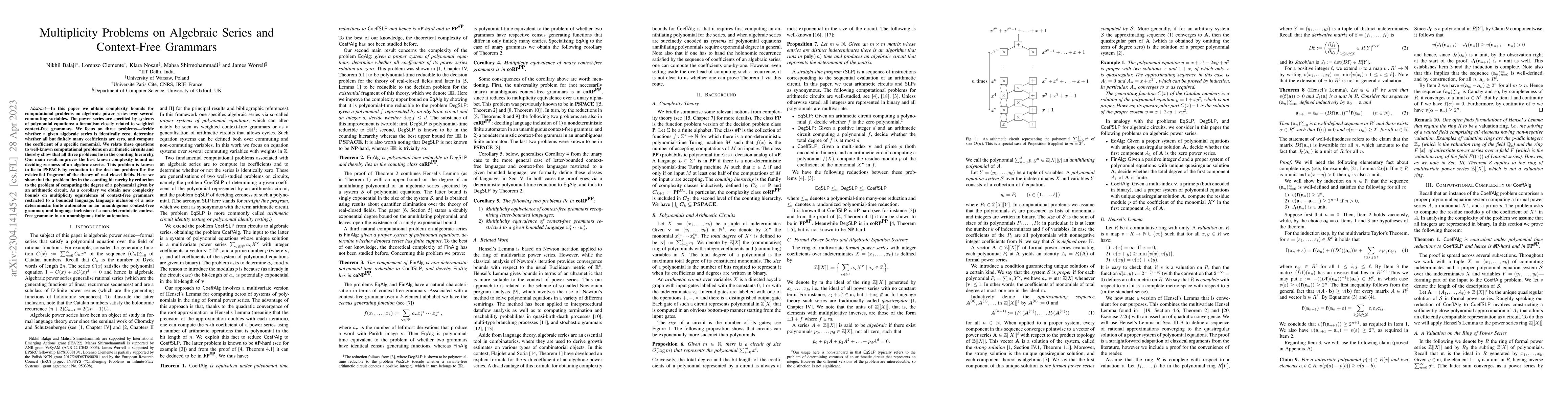 Thumbnail for Multiplicity Problems on Algebraic Series and Context-Free Grammars