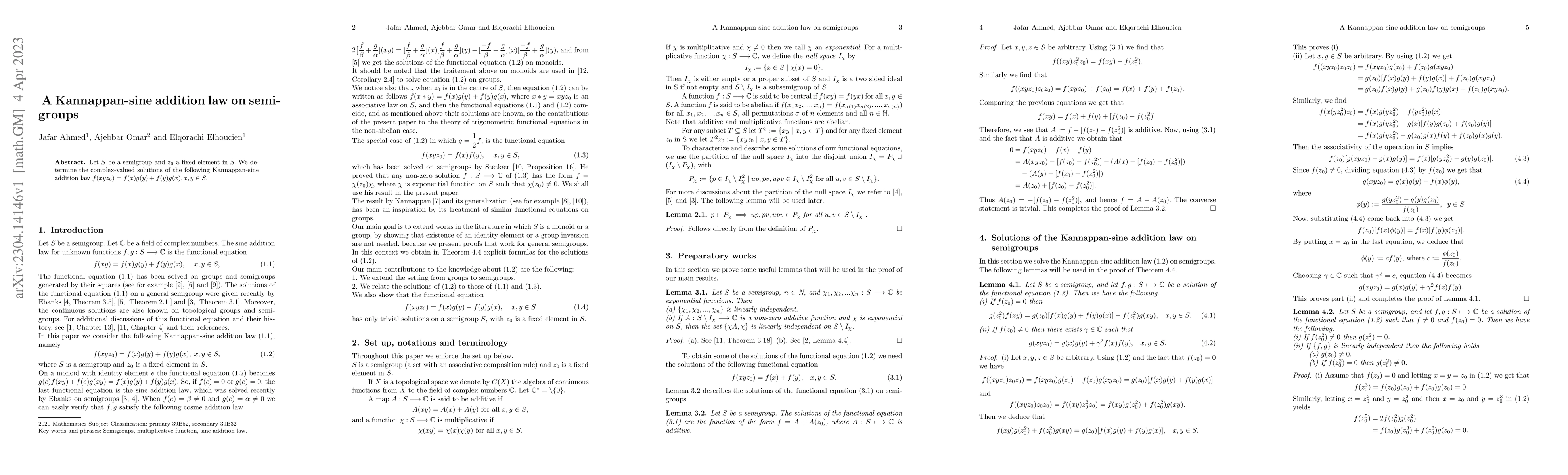 Thumbnail for A Kannappan-sine addition law on semigroups