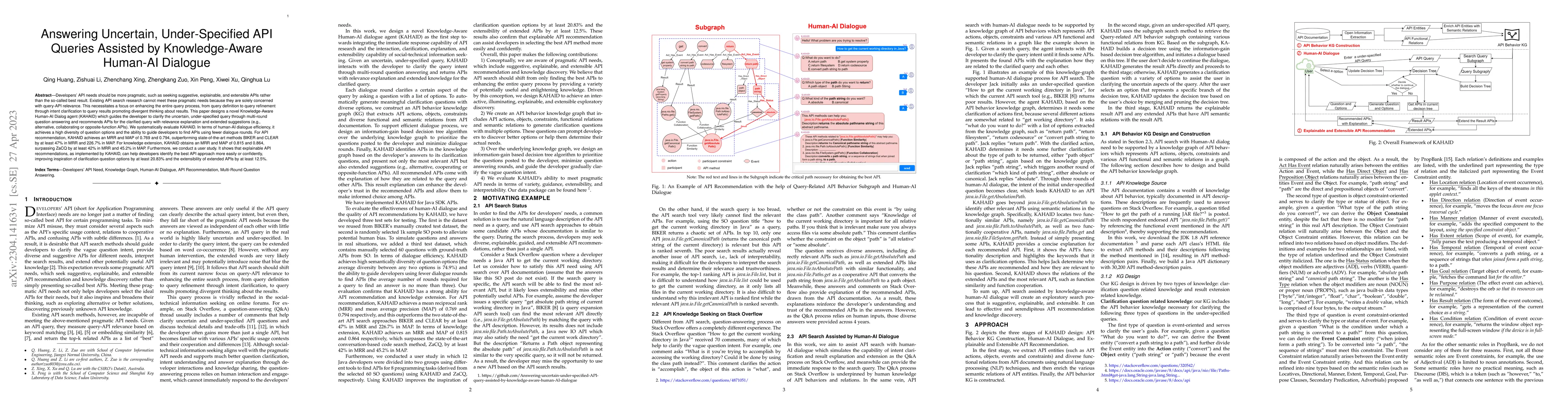 Thumbnail for Answering Uncertain, Under-Specified API Queries Assisted by
  Knowledge-Aware Human-AI Dialogue