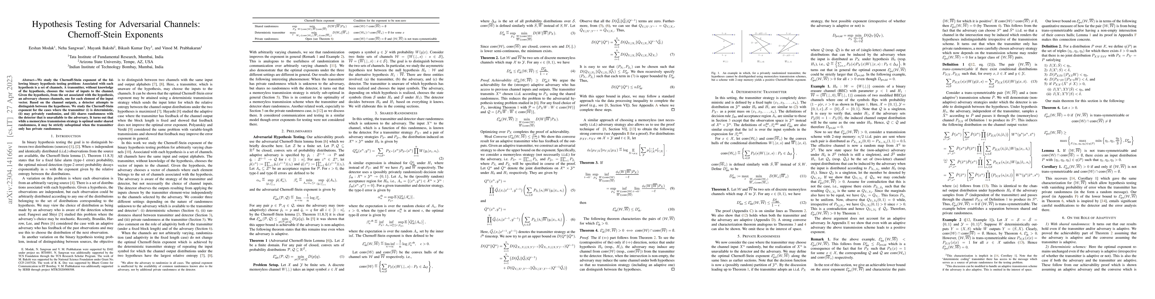 Thumbnail for Hypothesis Testing for Adversarial Channels: Chernoff-Stein Exponents