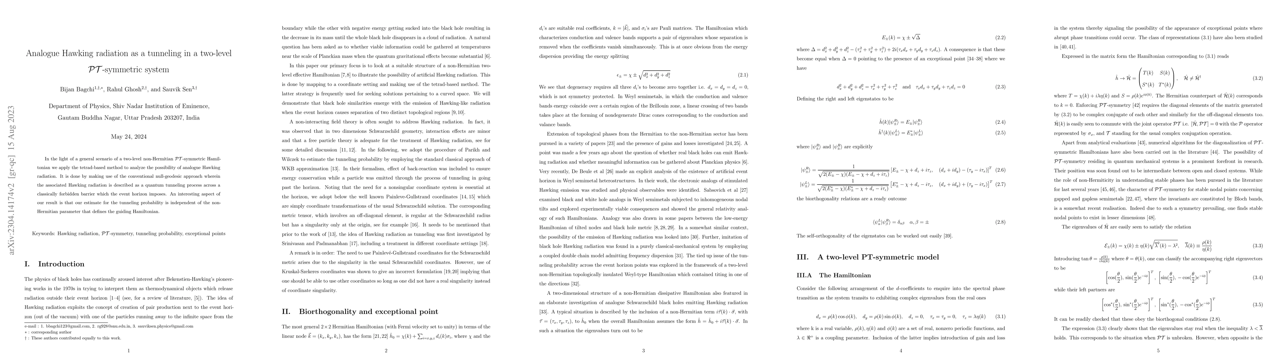 Thumbnail for Analogue Hawking radiation as a tunneling in a two-level
  $\mathcal{PT}$-symmetric system