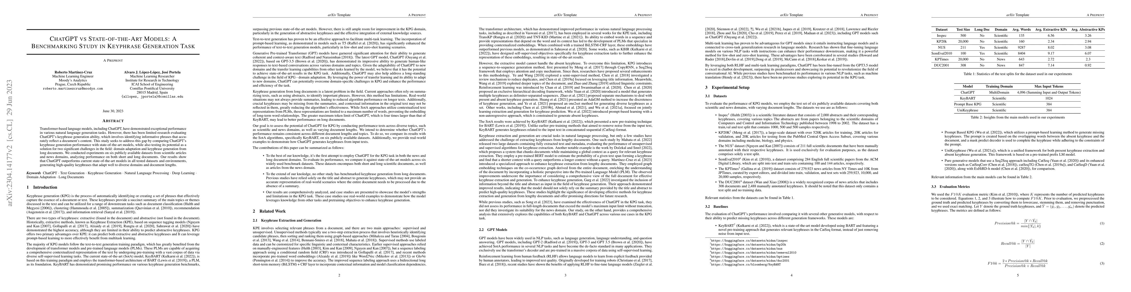 Thumbnail for ChatGPT vs State-of-the-Art Models: A Benchmarking Study in Keyphrase
  Generation Task