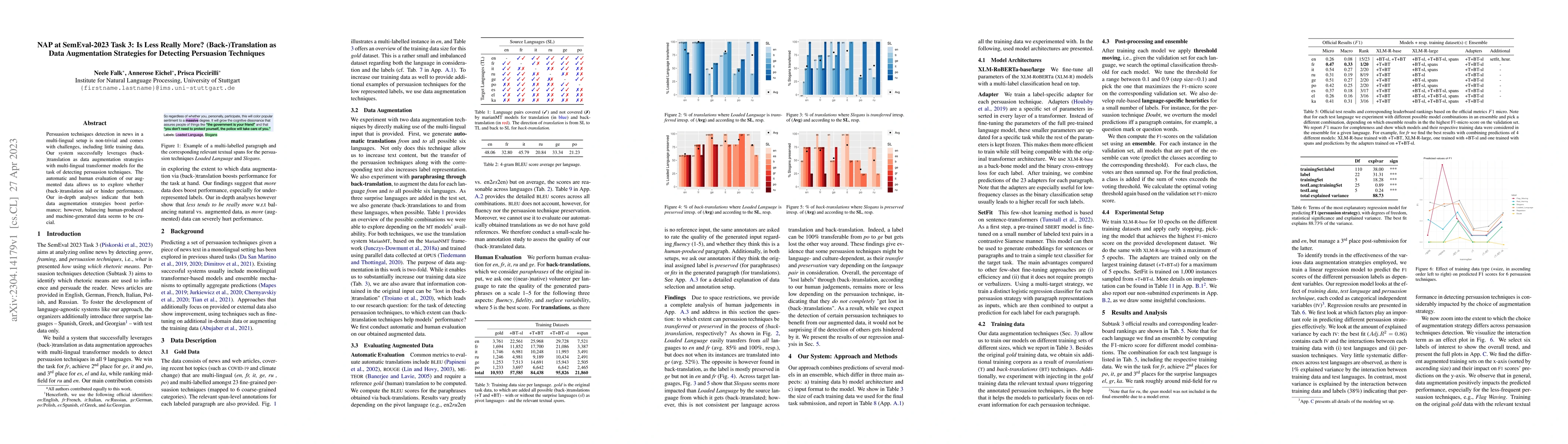 Thumbnail for NAP at SemEval-2023 Task 3: Is Less Really More? (Back-)Translation as
  Data Augmentation Strategies for Detecting Persuasion Techniques