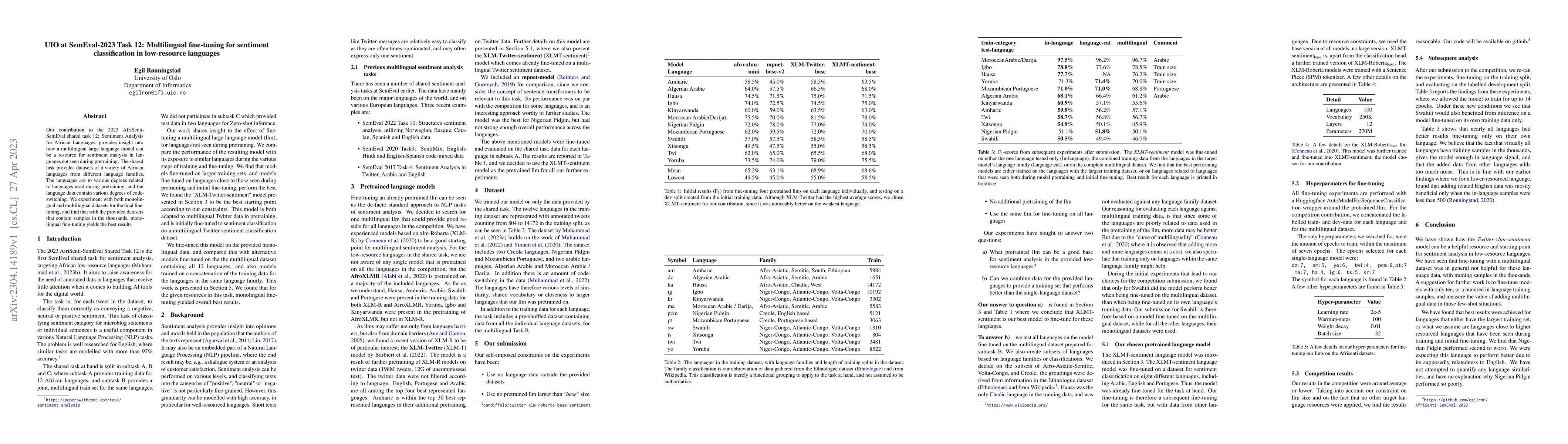 Thumbnail for UIO at SemEval-2023 Task 12: Multilingual fine-tuning for sentiment
  classification in low-resource languages