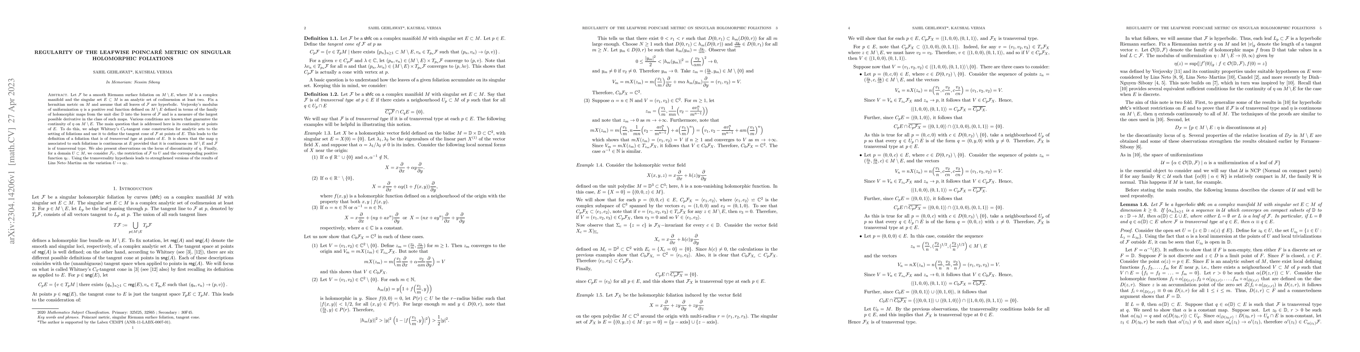 Thumbnail for Regularity of the leafwise Poincare metric on singular holomorphic
  foliations