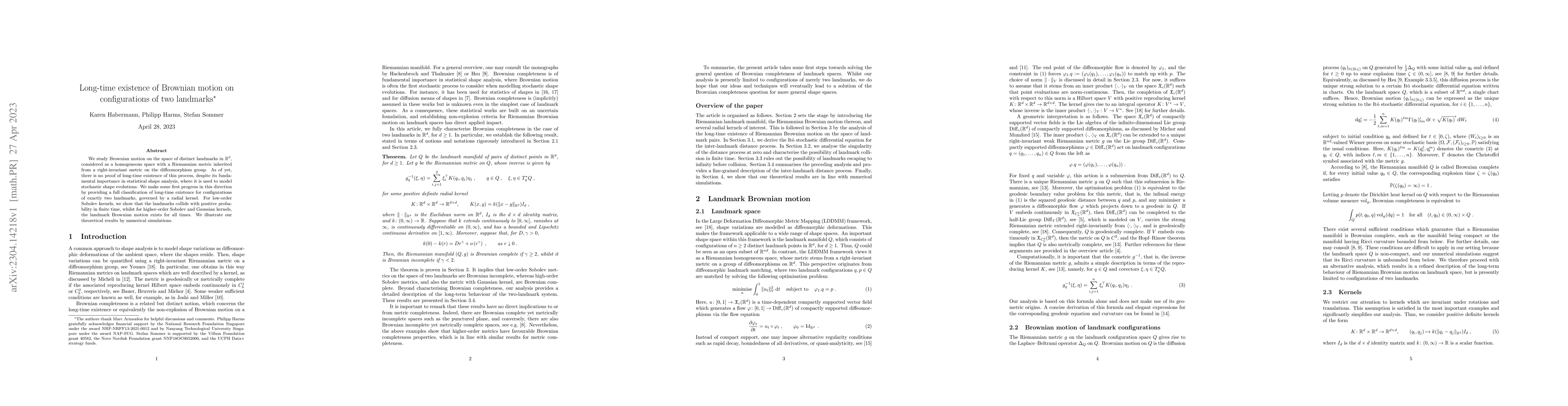 Thumbnail for Long-time existence of Brownian motion on configurations of two
  landmarks