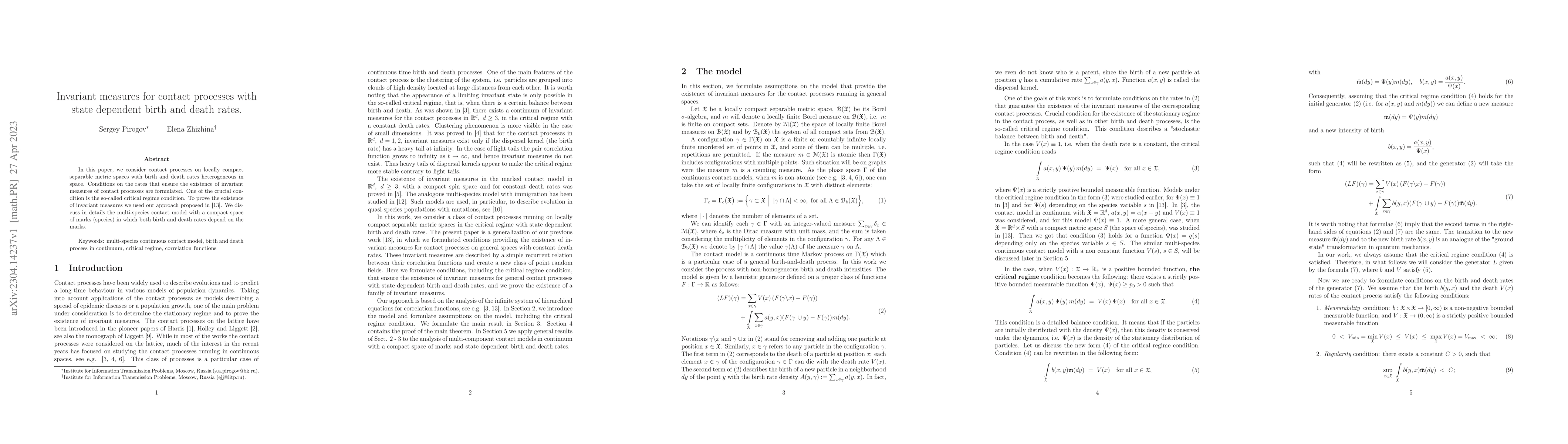 Thumbnail for Invariant measures for contact processes with state dependent birth and
  death rates