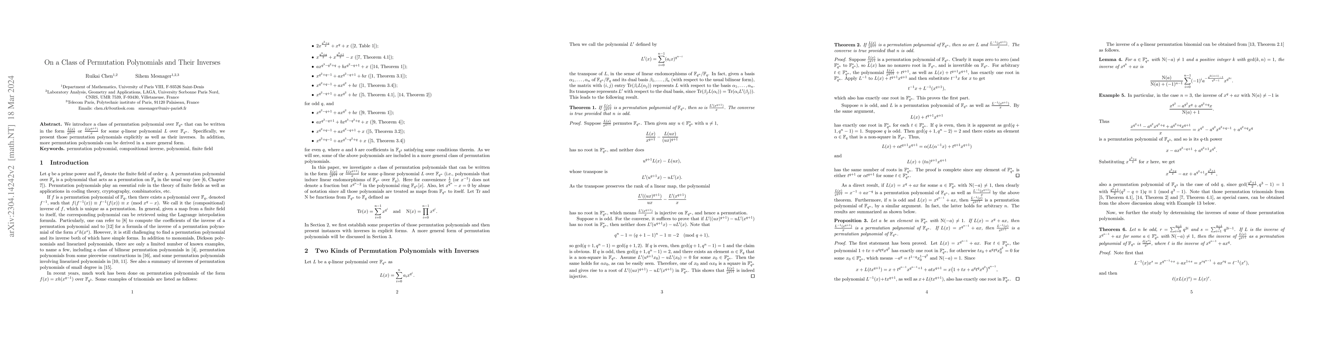 Thumbnail for On a Class of Permutation Polynomials and Their Inverses
