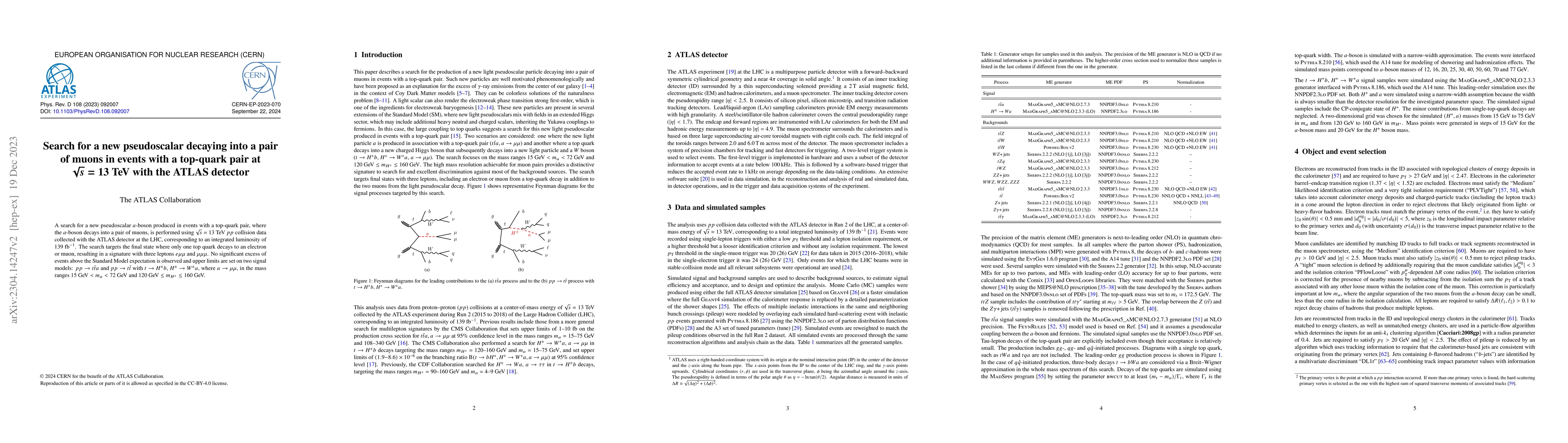Thumbnail for Search for a new pseudoscalar decaying into a pair of muons in events
  with a top-quark pair at $\sqrt{s} = 13$ TeV with the ATLAS detector