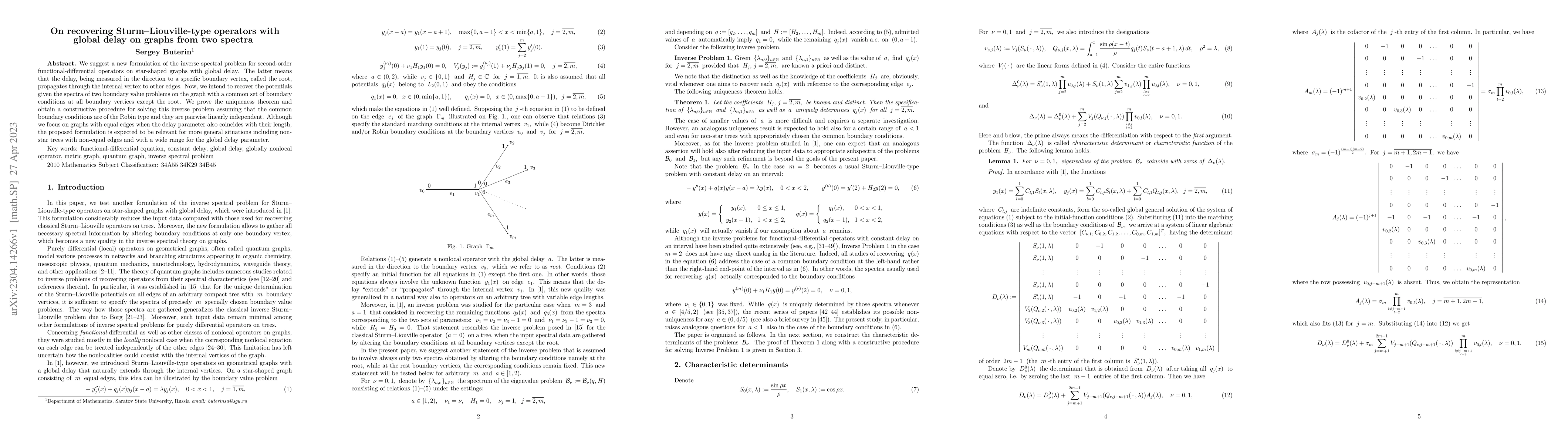 Thumbnail for On recovering Sturm--Liouville-type operators with global delay on
  graphs from two spectra