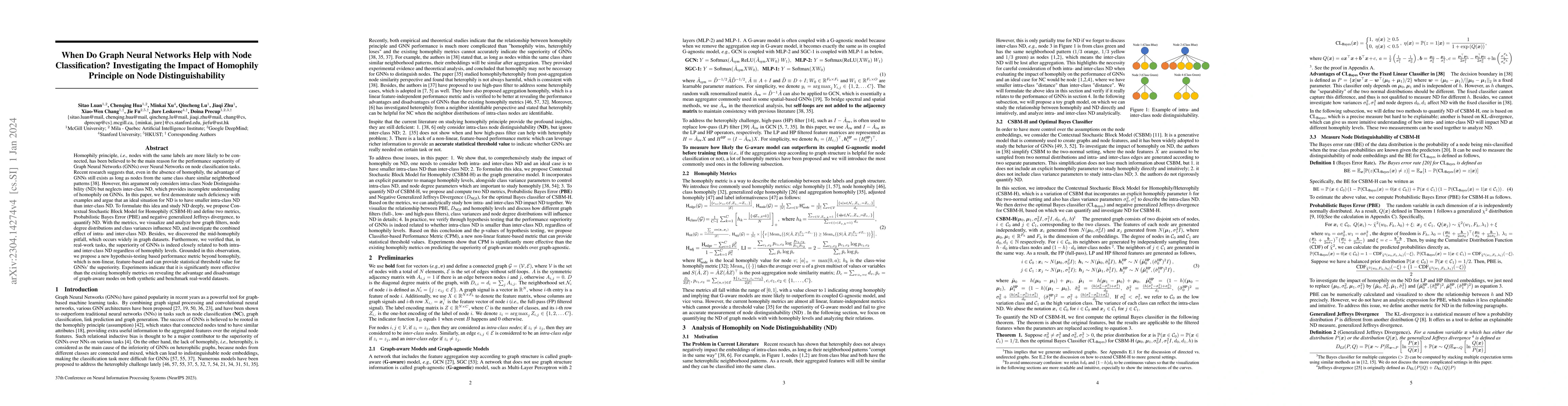 Thumbnail for When Do Graph Neural Networks Help with Node Classification?
  Investigating the Impact of Homophily Principle on Node Distinguishability