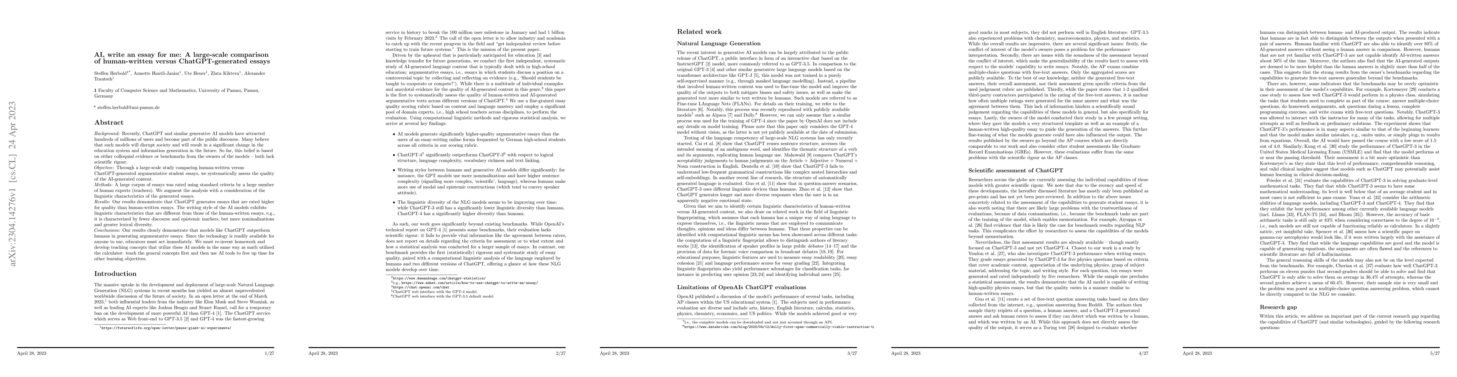 Thumbnail for AI, write an essay for me: A large-scale comparison of human-written
  versus ChatGPT-generated essays
